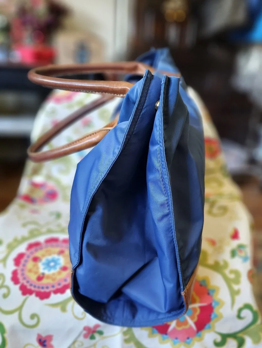 Tory Burch Blue Nylon Tote with Brown Leather Trim and Logo